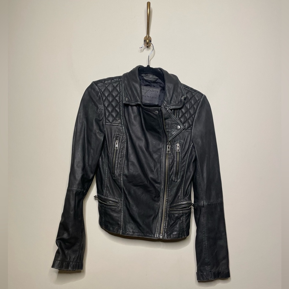 All Saints Charcoal Leather Biker Jacket - Picture 5 of 9